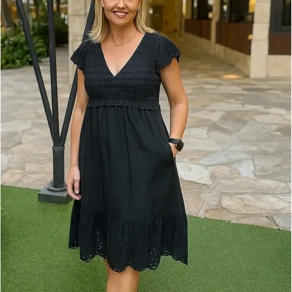 Rails Black Eyelet Midi Dress SMALL Smocked Cottage Ruffle Cotton Designer $268 - Picture 5 of 11